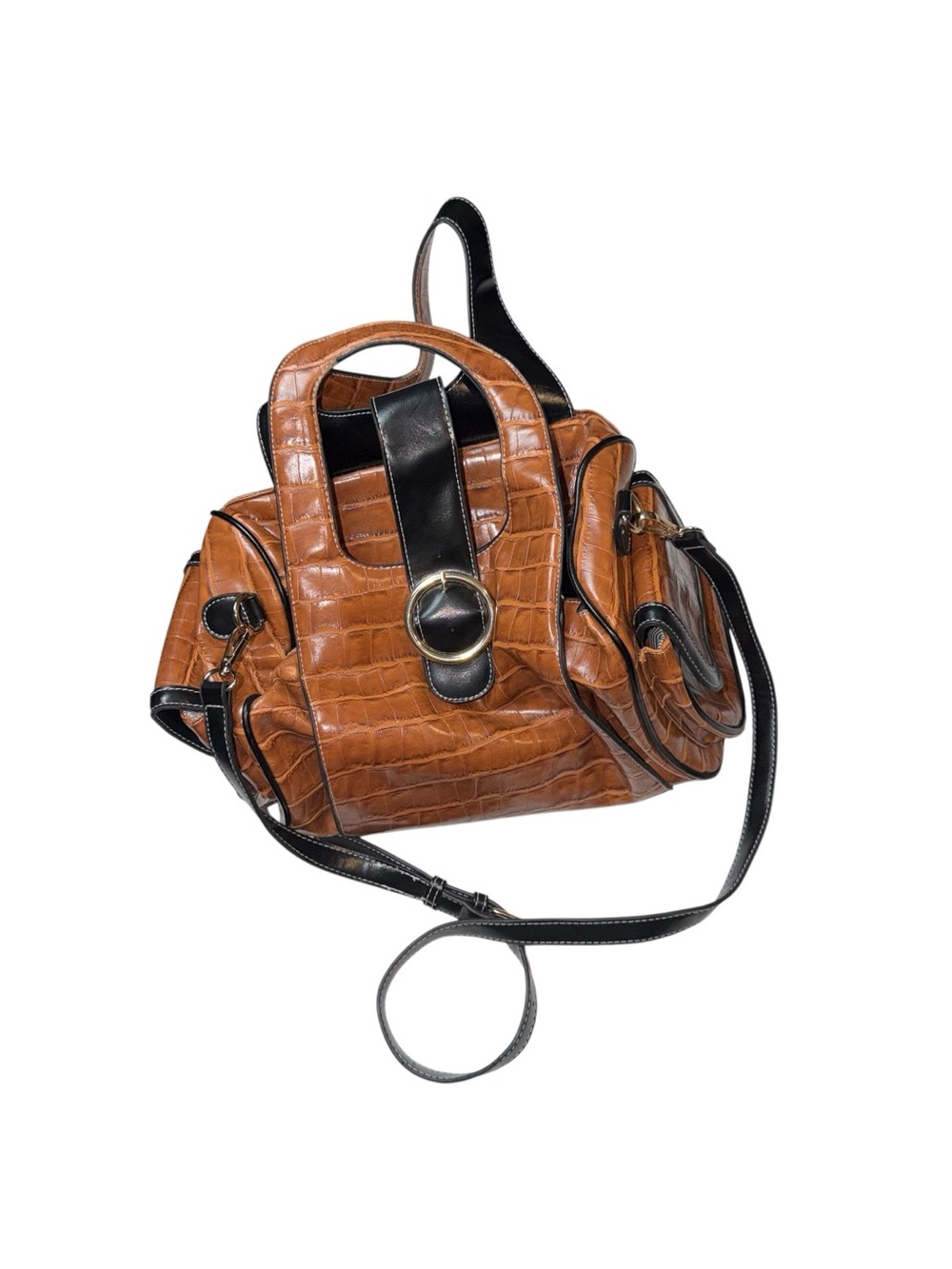 Leather Croc-Embossed Satchel Bag with Black Trim
